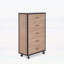 Commode en chêne clair vieilli Bemis avec 5 tiroirs et roulettes industrielles, parfaite pour les solutions de rangement modernes