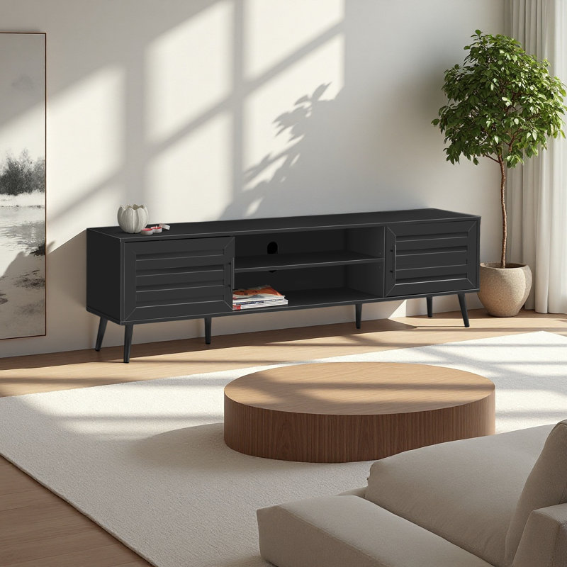 Meuble télé, console de 72 po, meuble multimédia, meuble de rangement, salon, chambre à coucher, transitionnel, Noir