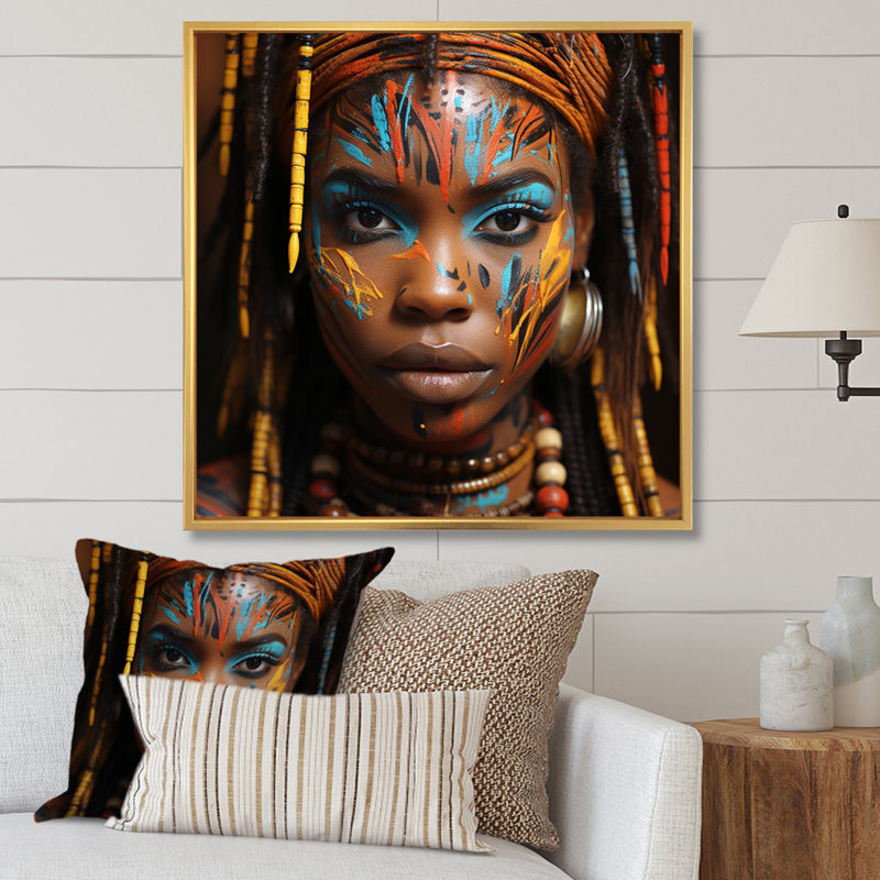 Tribu éthiopienne, portrait de femme I - art mural tribal africain, Cadre flottant doré, H 16 po x l 16 po x P 1 po