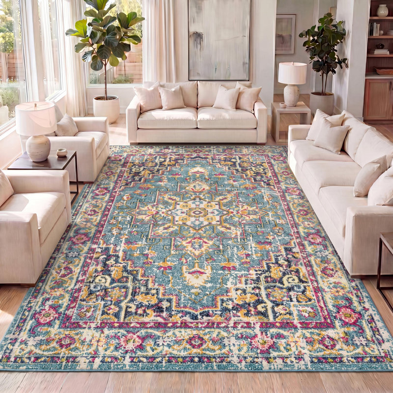 Eugena Geometric Medallion Blue/Multi Rug, Rectangle 4' x 6'