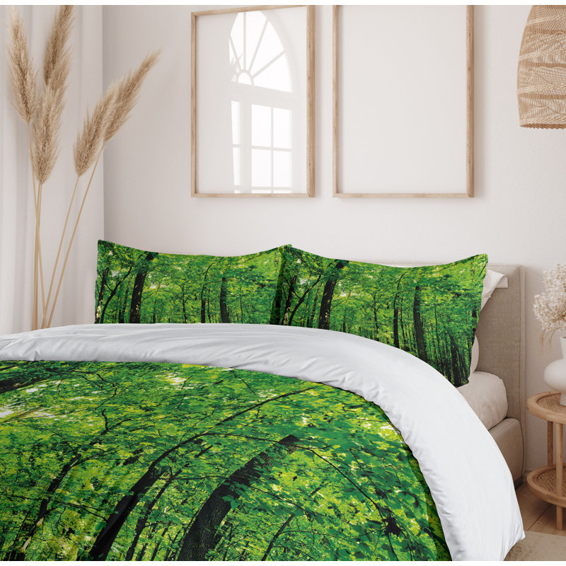 Green Forest Nature Print Queen Duvet Cover Set