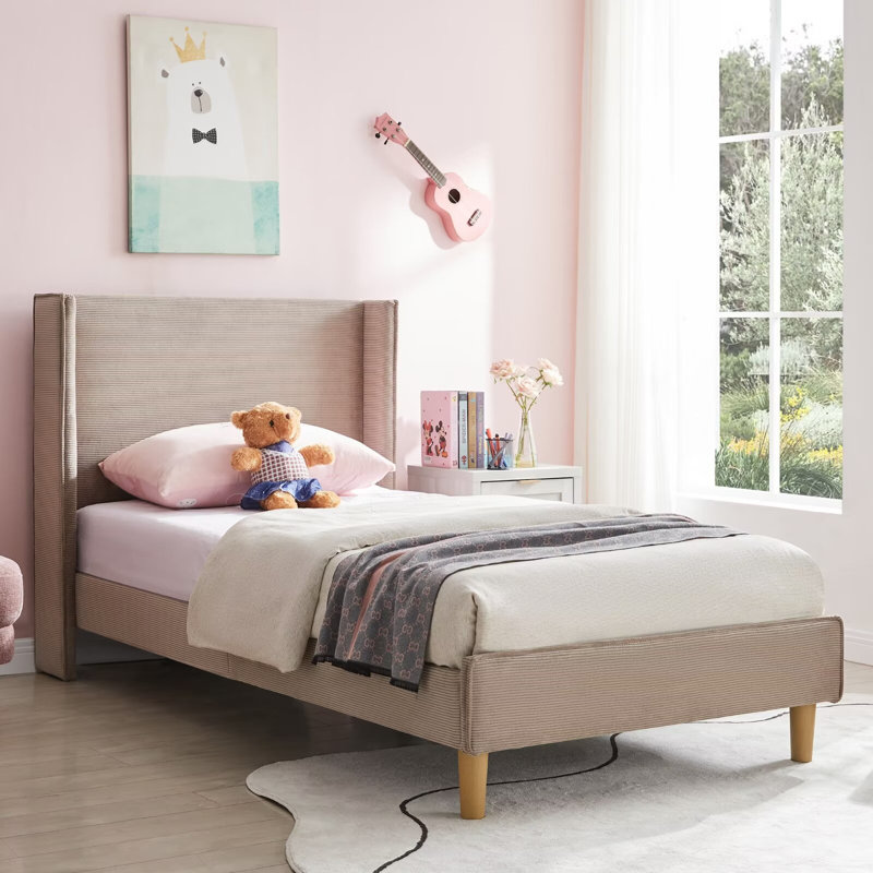 Janine Corduroy Upholstered Wingback Bed with Slat Kit and Solid and Manufactured Wood Frame, Mink, Twin