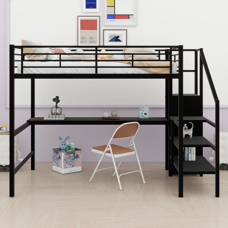 Lit mezzanine en métal avec bureau, Noir