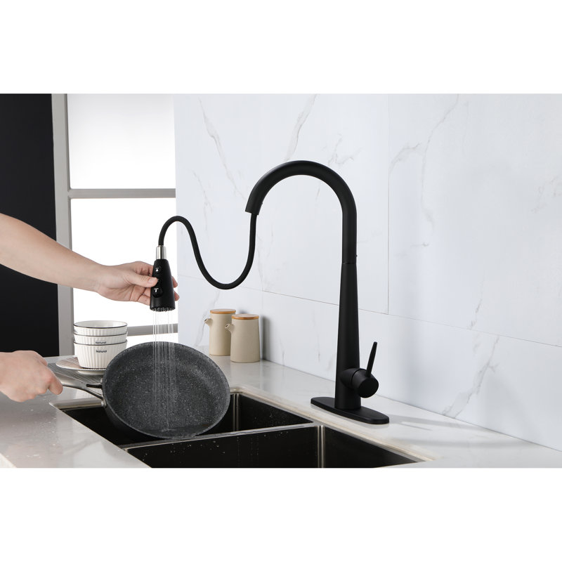 Robinet d'évier de cuisine à poignée simple avec douchette rétractable, composition en acier inoxydable, ton noir mat, buse à grande arche rotative à 360 °, trois modes de débit d'eau, jet, température pratique