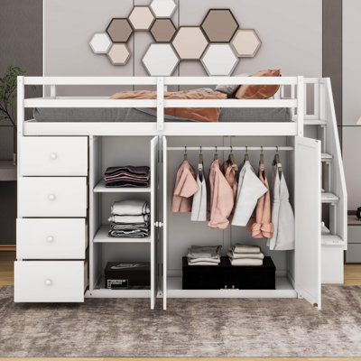 Jearl Full Size Wood Loft Bed With Built-in Wardrobes, Cabinets and Drawers
