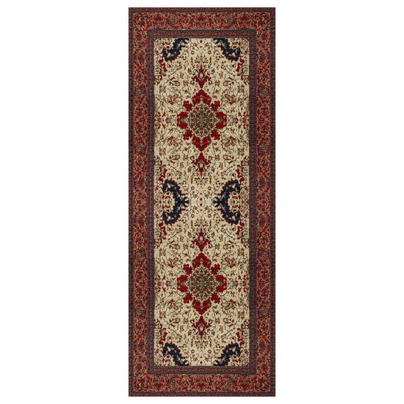 Guria Beige/Brown/Burgundy Oriental Vintage Look Machine Printed Cotton Chenille Area Rug, Runner 2'8" x 11'6"