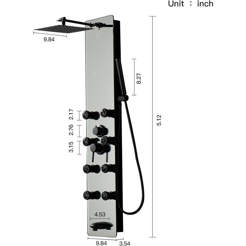 Double système de panneau de douche multifonction 8-en-1 à 8 jets avec pomme de douche à pluie réglable et douchette
