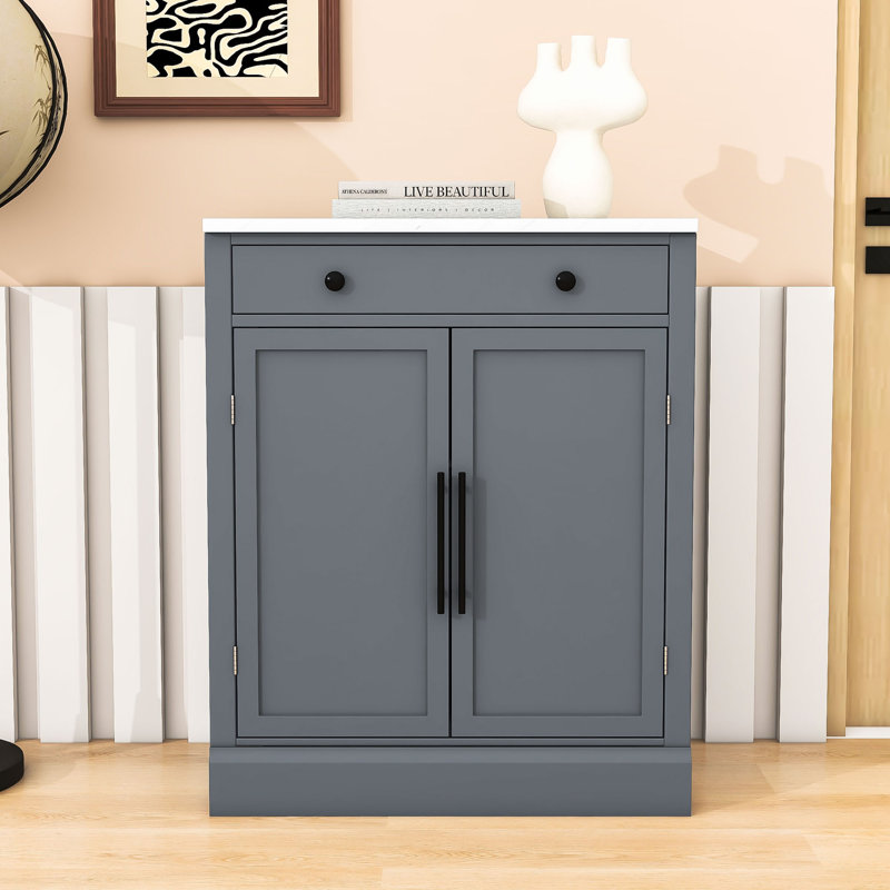 Chic Freestanding Storage Cabinet with Drawer, Adjustable Shelves and Faux Marble Top, Gray