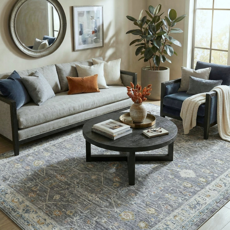 Tapis d'intérieur traditionnel à bordure Jolene, gris / ivoire, Rectangle 7 pi 9 po x 9 pi 10 po