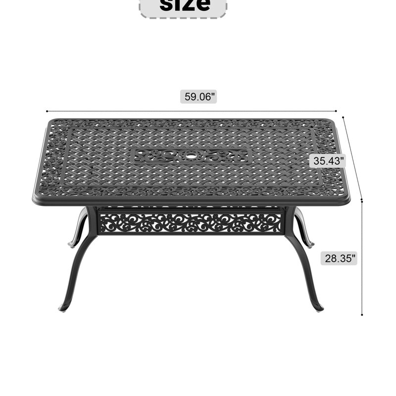 6 tables de patio en aluminium coulé, noir, rectangulaire, trou de parasol, résistance aux intempéries, produit d'économie d'espace, 6 sièges rectangulaires, structure noire, ouverture,