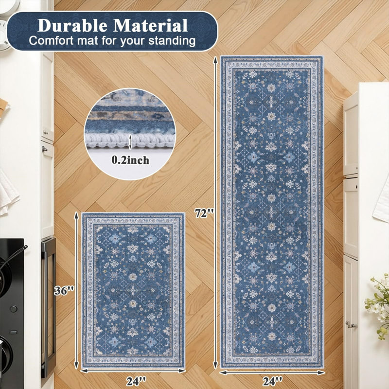 Non-Slip Washable Farmhouse Kitchen Rug Set of 2, Rubber Bottom, Navy