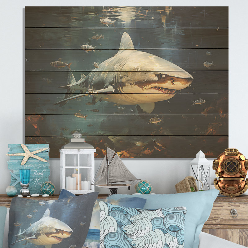 Underwater Shark Attack II - Shark On Wood Print, 34" H x 44" W