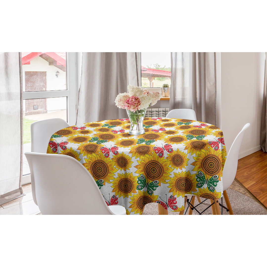Ambesonne Floral Round Tablecloth, Sunflowers Butterflies Green And Dark Pink Colored Wings On Plain Background, Circle Table Cloth Cover For Dining Room Kitchen Decoration, 60", Multicolor East Urban Home