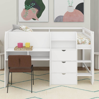 Full Size Low Loft Bed With Built-In Desk,Storage Cabinets And Open Bookcase,Whiteboard For Graffiti by Harriet Bee