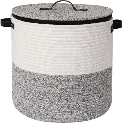 Storage Basket with Lid, Woven Blanket Storage for Living Room, Round Cotton Rope Bin with Zipper Top, Shoe Basket with Lid for Entryway, Gray