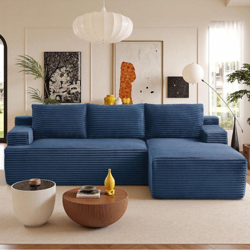 Canapé modulaire Boneless de 96 po avec méridienne en forme de L, canapé modulaire en velours côtelé avec repose-pieds, canapé désossé avec assise profonde dans une boîte pour le salon, aucun assemblage requis