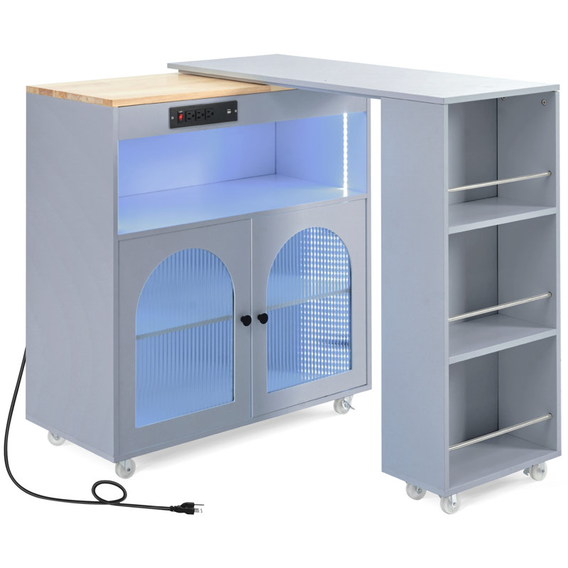 K&K Rolling Kitchen Island With Extended Table, Kitchen Island On Wheels With LED Lights,Power Outlets And 2 Fluted Glass Doors, Kitchen Island With A Storage Compartment And Side 3 Open Shelves, Grey