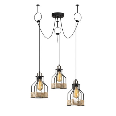 Lustre industriel noir, hauteur réglable, 38,2 po de diamètre x 51,6 po de hauteur | Corps en métal, 3 x douilles E27 (40 W maximum) | Conception de chalet / chalet nostalgique | Parfait pour la salle à manger et les espaces de vie, classe IP20
