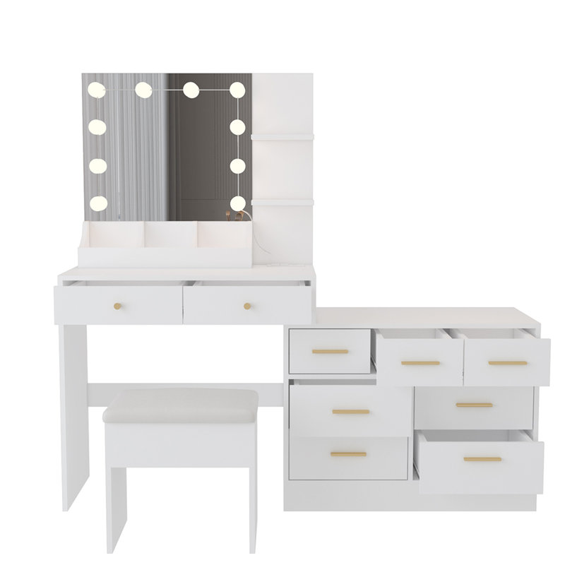 Coiffeuse de maquillage avec lumières, station de charge et miroir, Doré, Blanc