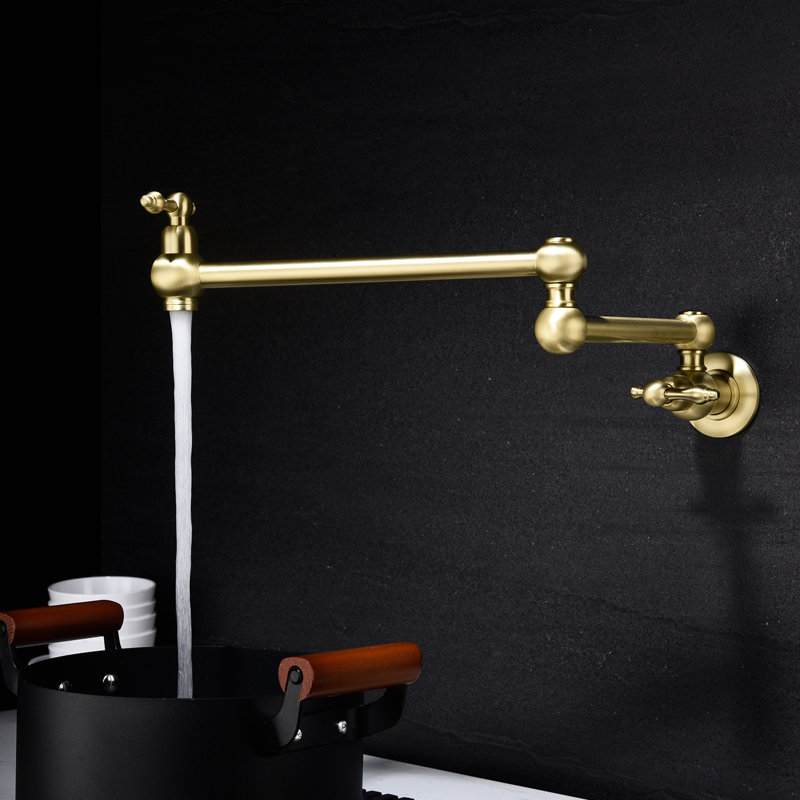 Gold Brass Wall Mount Pot Filler Faucet, Arm Improves Usability And Efficiency, Double Handles Consistent Precise Water Flow, Corrosion Surface Conservation Strategy, Tranquil Non-Interfering Aerator