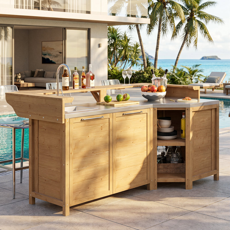 Ensemble de cuisine modulaire pour l'extérieur | Bois de cèdre, comptoir en acier inoxydable, base de lavabo et armoires de rangement