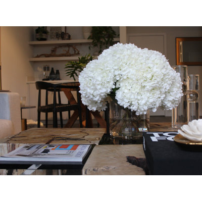 Hortensias blancs en vase en verre transparent