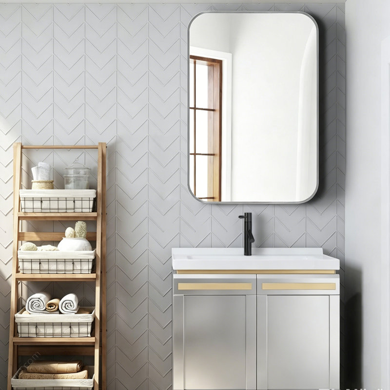 Miroir suspendu 24 po x 36 po pour salle de bain, miroir encadré en métal, Silver