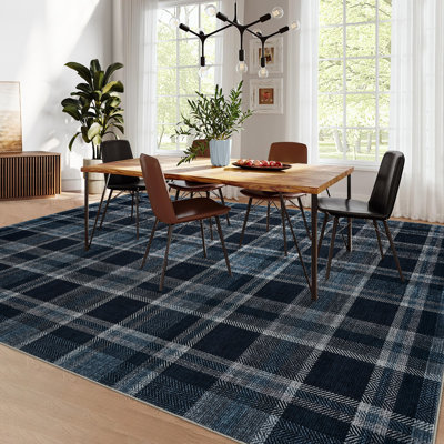 Tapis à carreaux lavable - Tapis à carreaux moderne, antidérapant et anti-marques, velours court pour le salon, la chambre à coucher, la chambre de bébé - Style campagnard gris et bleu, décoration de Noël