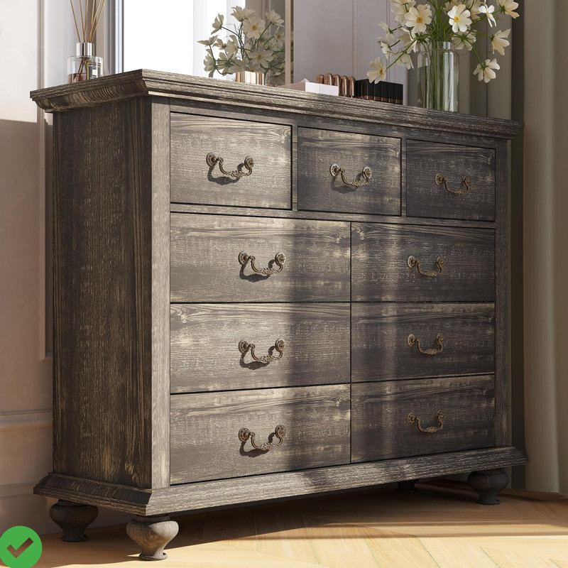Commode 9 tiroirs pour commodes de chambre à coucher et commodes avec poignées en métal richement sculptées, Noir