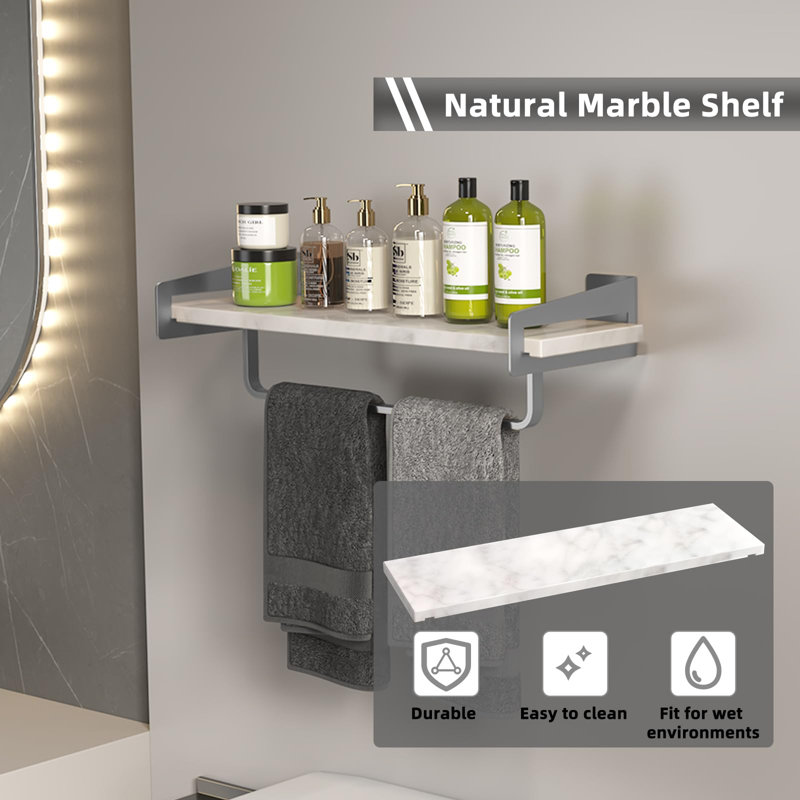 Elegant 16-Inch Marble Wall Shelf With Towel Bar - Durable Space-Saving Design For Bathroom And Living Room