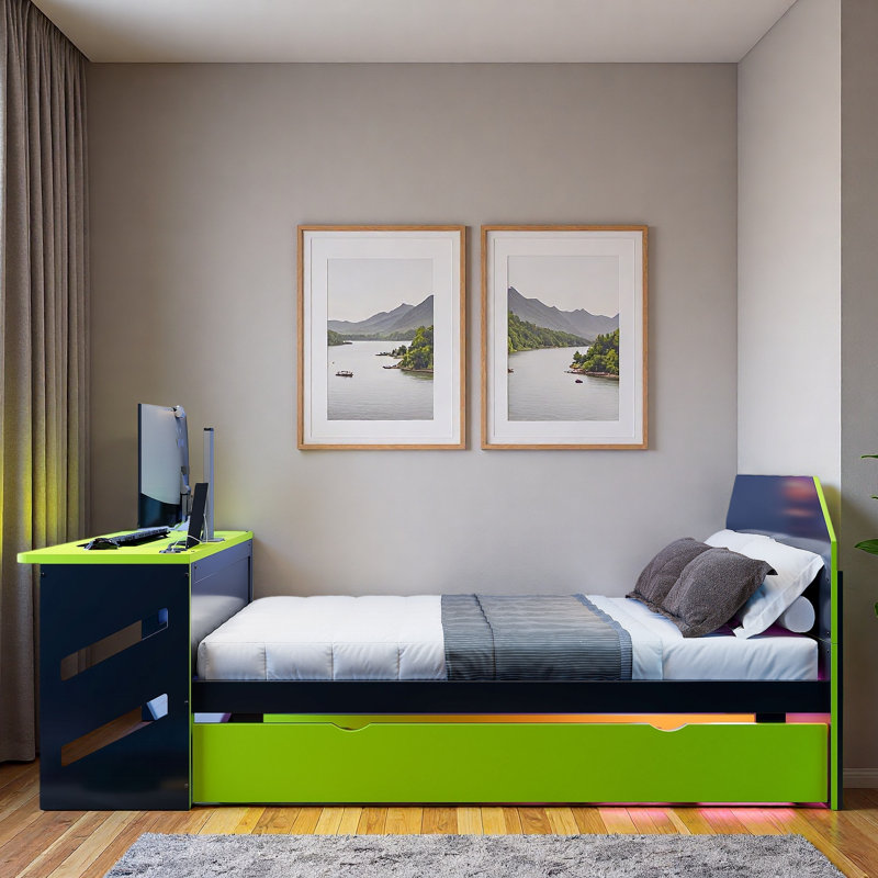 Lit de jour en bois avec couchette, bureau et port USB, Vert