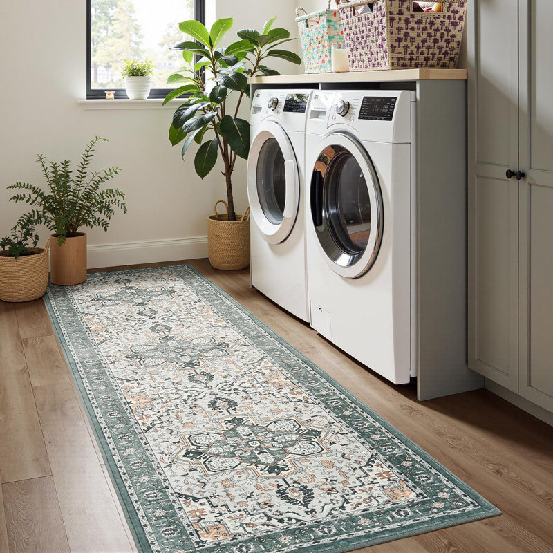 2'X6' Washable Vintage Boho Runner Rug for Hallway Green, Runner 2' x 6'