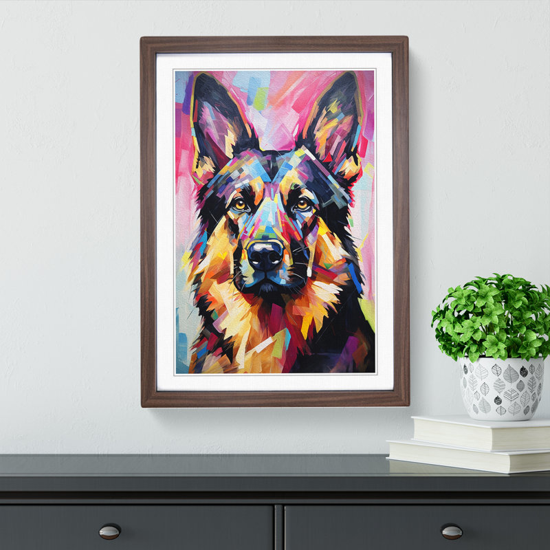 German Shepherd Expressionism No.2 - Single Picture Frame Print on Wood, Walnut, 64cm H x 46cm W x 2cm D