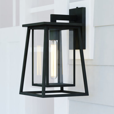 Applique murale d'extérieur à éclairage crépuscule noir mat à 1 lumière H 14 po Dunhés, acier durable, abat-jour en verre transparent, compatible DEL pour porte de patio ou de garage