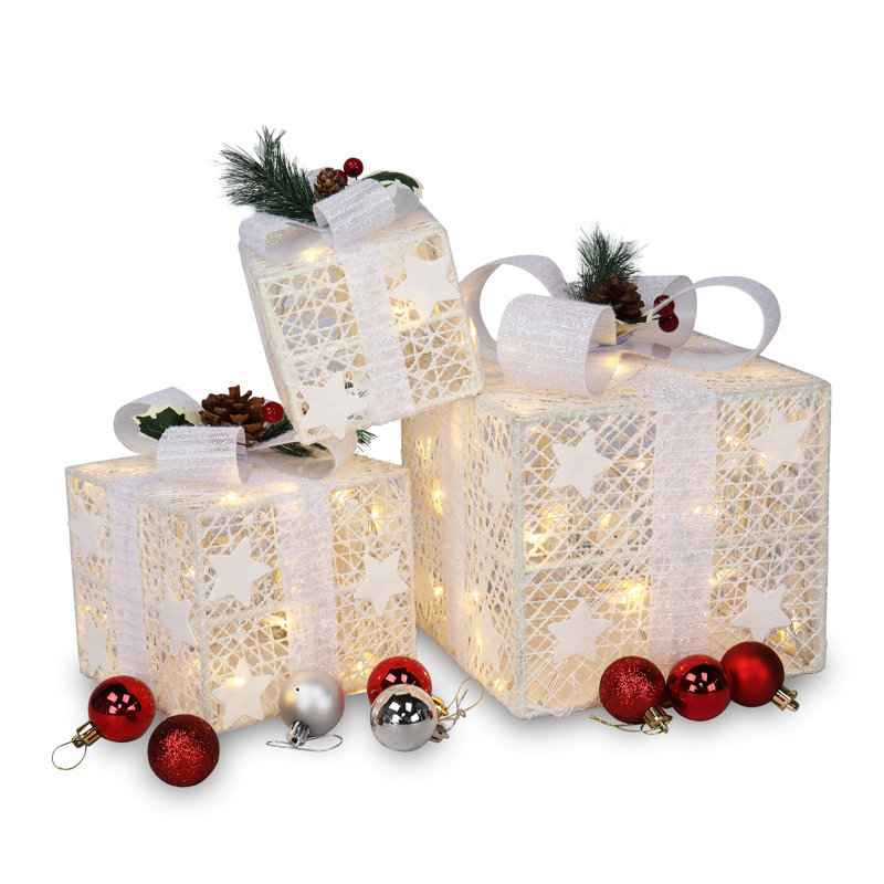 Ensemble de 3 décorations de boîte-cadeau carrée éclairée, 60 Leds blanc chaud, support en plastique avec fil de coton, Ip44 alimenté par pile (3 AA), décoration de jardin festif intérieur / extérieur