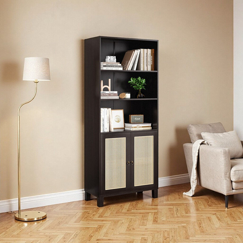 5-Shelf Bookcase with Rattan Doors / 5 Tier Storage Wood Shelves Large Bookshelf – Farmhouse & Coastal Style, Brown