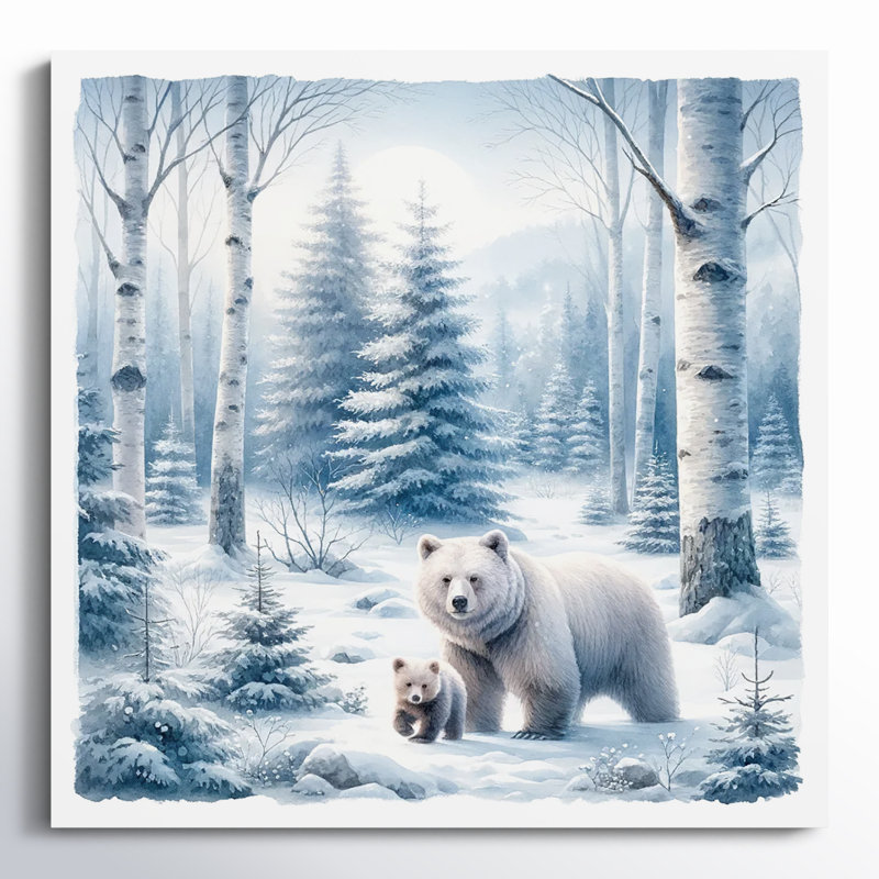 «Winter Haven: Mother Bear and Cub in Winter Birch Grove», art mural sur toile tendue, H 30 po x l 30 po x P 1,5 po