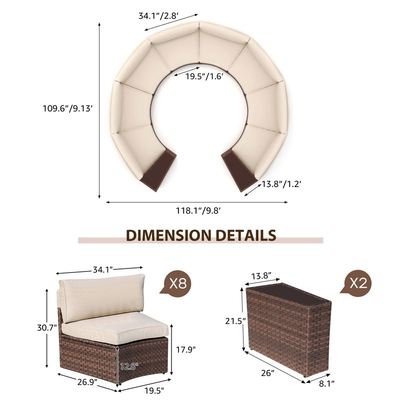 8 - Person Seating Group With Cushions, Brown Frame/Beige Cushion