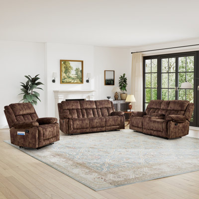 Ensemble de salon inclinable manuel moderne en microfibre 3 pièces avec fauteuil inclinable et causeuse avec console et canapé