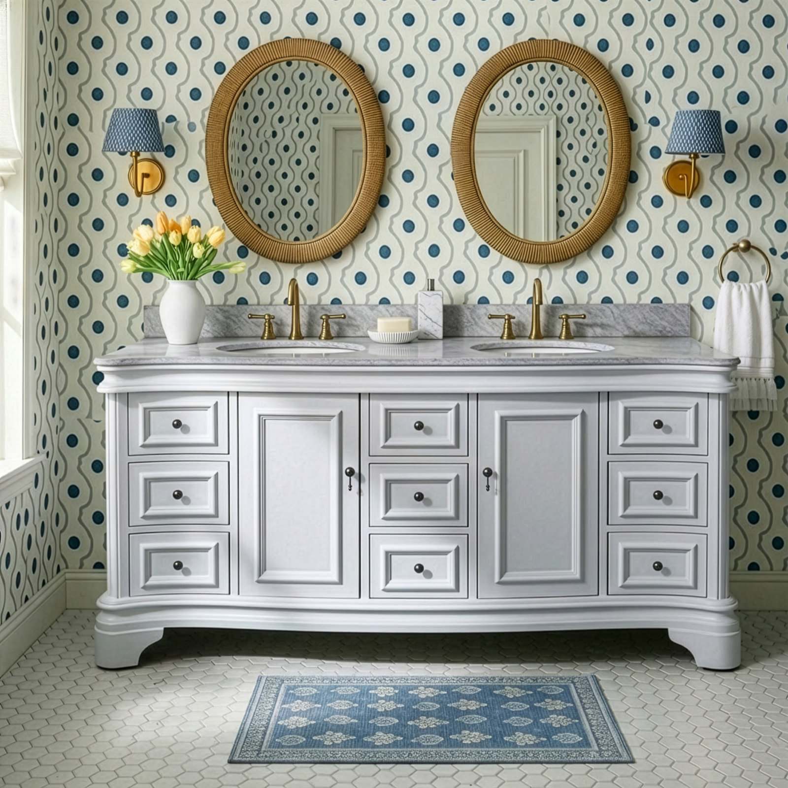 Twain 72" Carrara Marble Double Bathroom Vanity, Carrara Marble, White