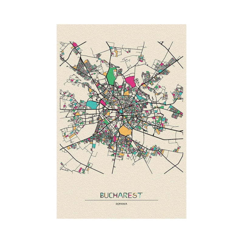 Bucharest, Romania Map 1 Piece Wall Art on Canvas, 20.32 cm H x 30.48 cm W, Wrapped Canvas
