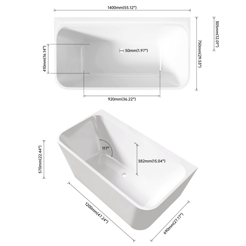 Baignoire de trempage rectangulaire en acrylique blanc brillant de 55 po, avec matériaux, renforcement en fibre de verre, fonction antidérapante, spacieuse et adaptable pour différentes installations, baignoire sans drain, debout, fabriquée en