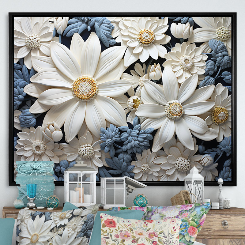 «White Daisy Meadow Elegance I», art mural encadré marguerites, L 20 po x H 12 po x P 1 po, Cadre flottant noir