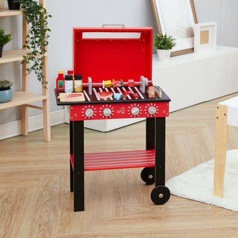 Teamson Kids Pretend Play Wooden BBQ Set with Food Accessories
