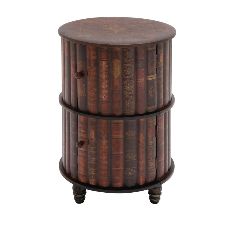 Advik Faux Leather Circular Storage 2 Door Red Cabinet with Stacked Book Design and Scroll Details