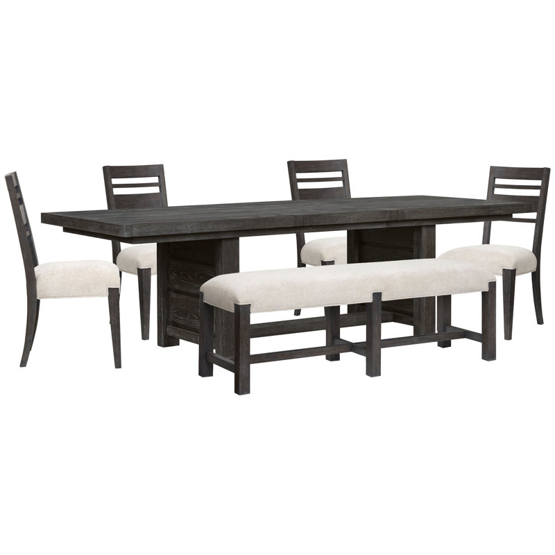 Table de salle à manger extensible à tréteaux avec 4 chaises et banc, 6 pièces: table, 4 chaises, banc