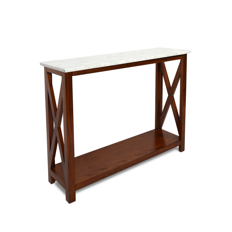 Luisa 39" Rectangular Italian Carrara White Marble Console Table With Solid Wood Legs, Brown
