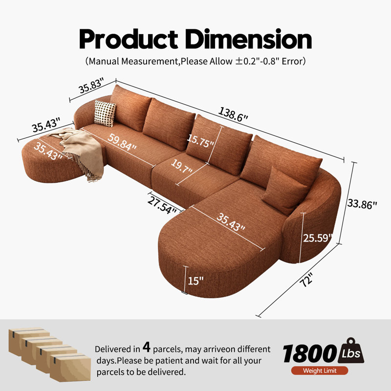 Ensemble de canapé modulaire Boneless, H 33,86 po x l 138,6 po x P 72 po, Orienté à droite, Orange