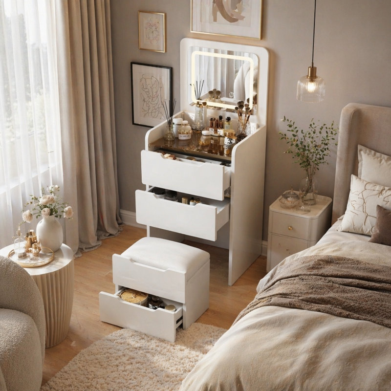 Ensemble de meuble-lavabo 3 en 1 avec miroir et plateau de maquillage, White