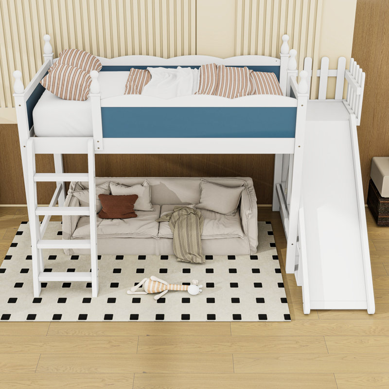 Lit mezzanine avec tablettes de rangement et garde-robe, Lit simple, Bleu/blanc